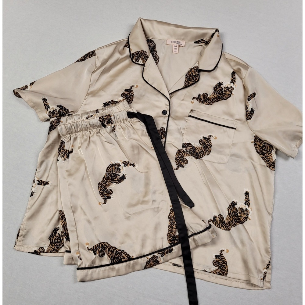 Como Blu Tiger Print Satin Pajama Set Shorts & Short Sleeve Top Size S Cream